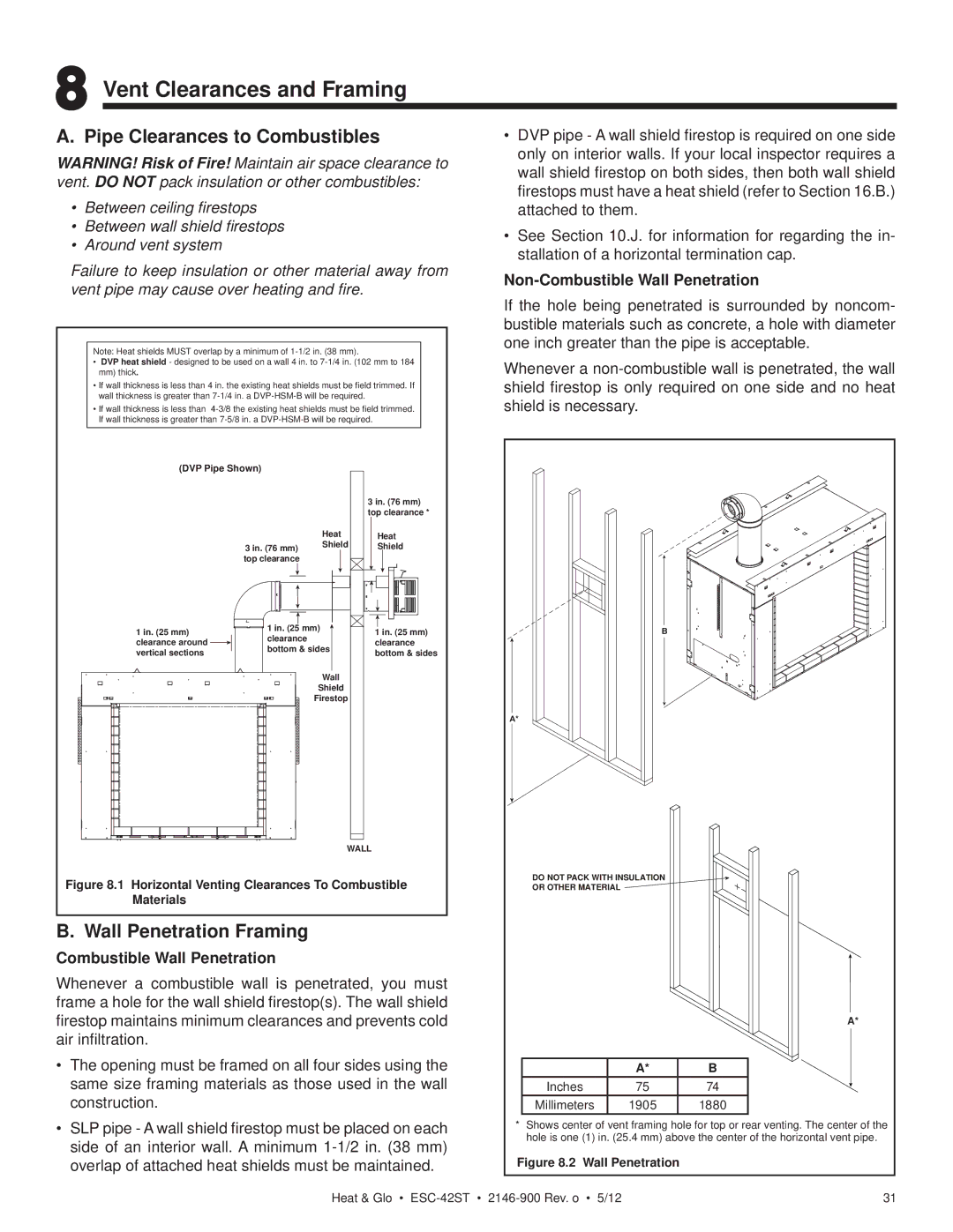 Heat & Glo LifeStyle ESC-42ST Vent Clearances and Framing, Pipe Clearances to Combustibles, Wall Penetration Framing 