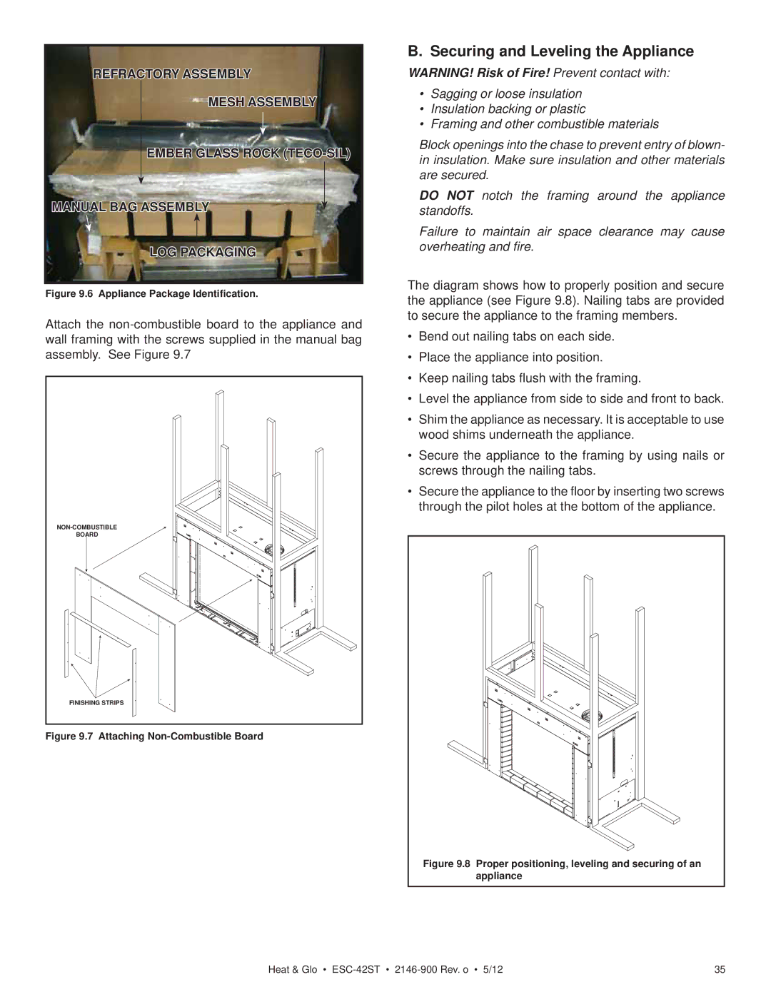 Heat & Glo LifeStyle ESC-42ST owner manual Securing and Leveling the Appliance, Appliance Package Identiﬁcation 