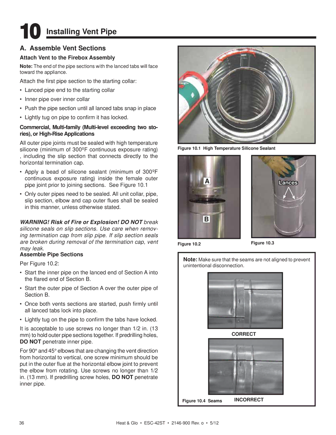 Heat & Glo LifeStyle ESC-42ST Installing Vent Pipe, Assemble Vent Sections, Attach Vent to the Firebox Assembly 