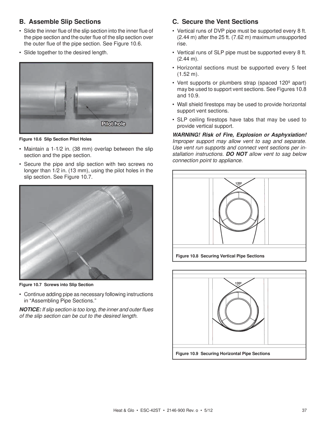 Heat & Glo LifeStyle ESC-42ST owner manual Assemble Slip Sections, Secure the Vent Sections 