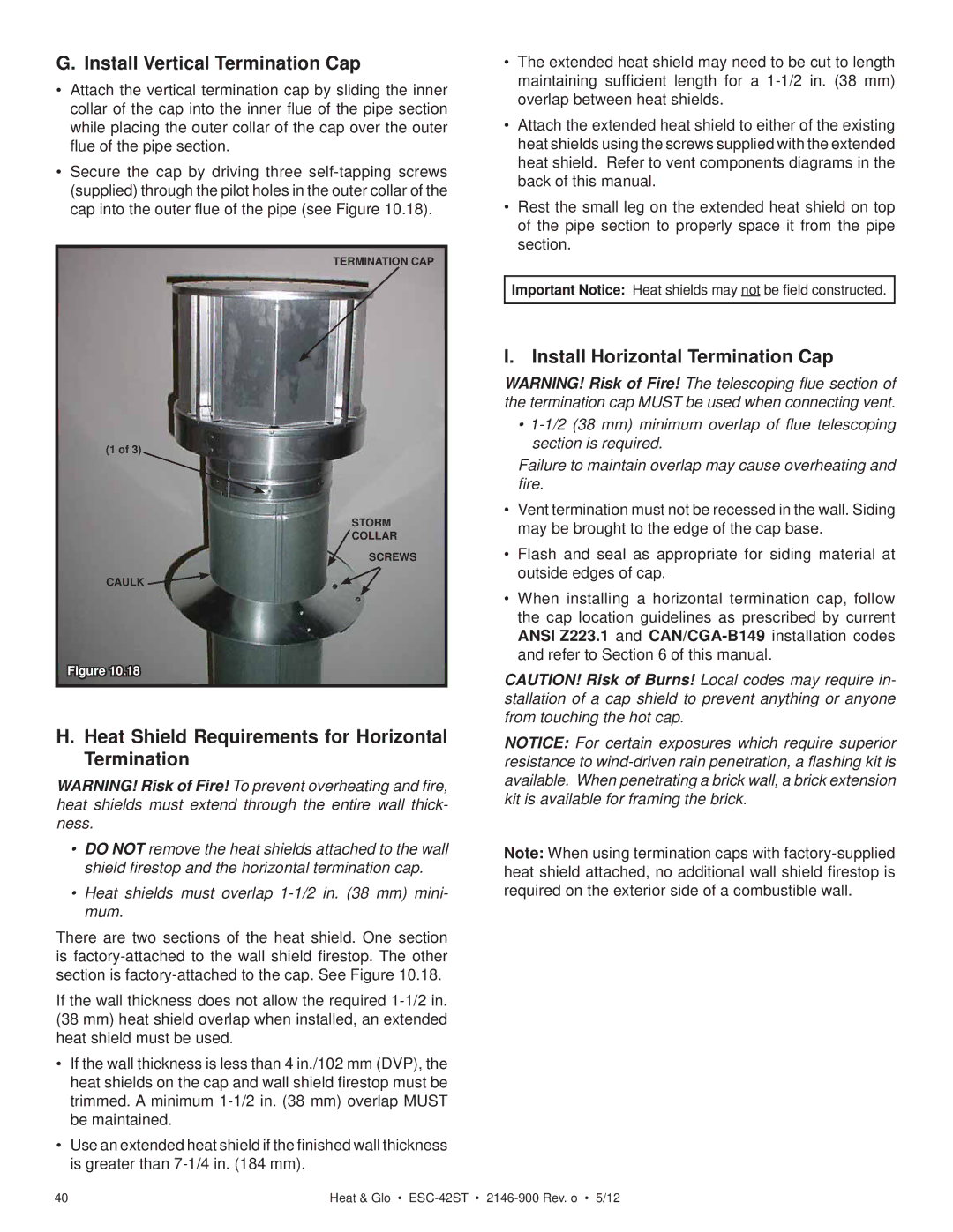 Heat & Glo LifeStyle ESC-42ST Install Vertical Termination Cap, Heat Shield Requirements for Horizontal Termination 