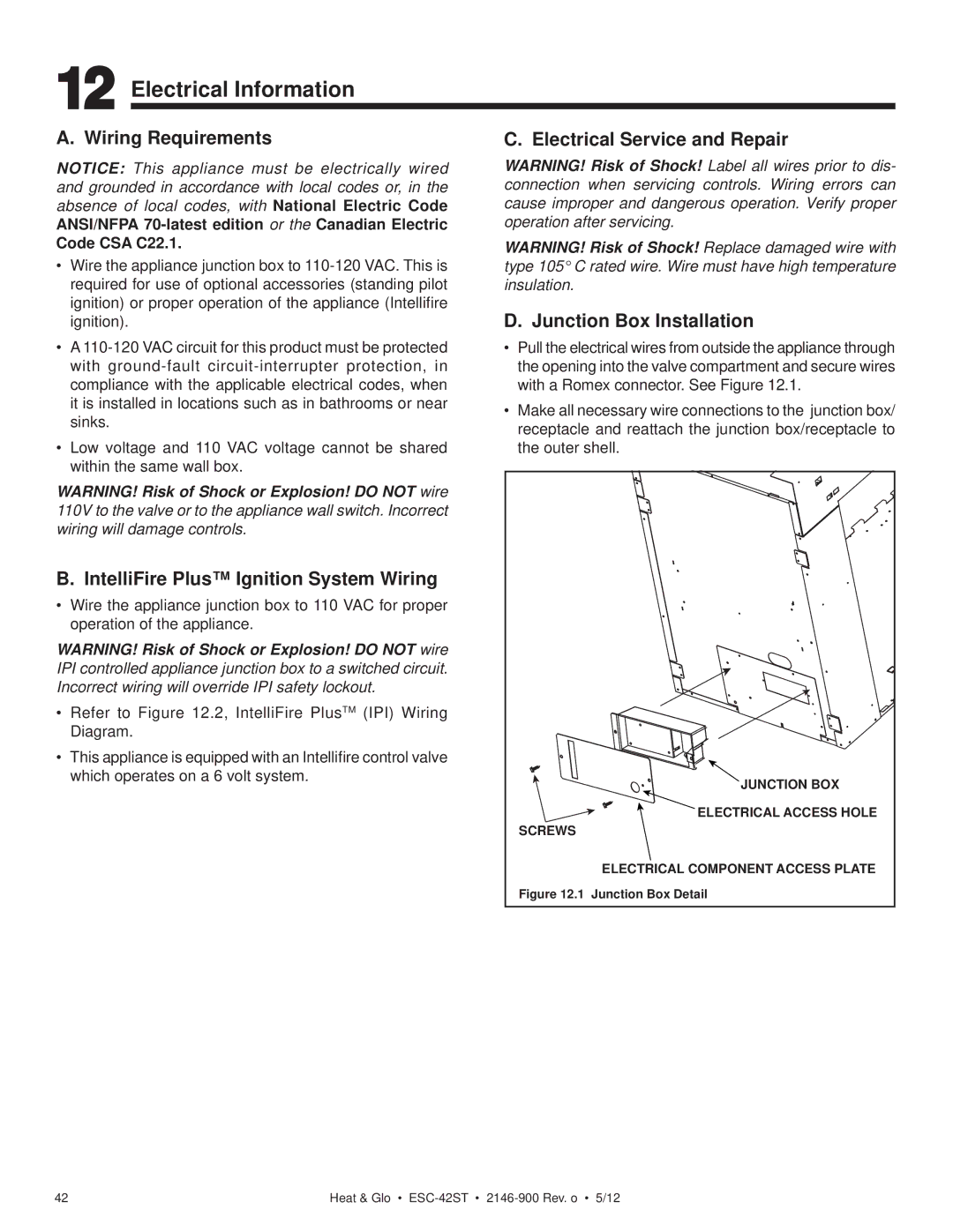 Heat & Glo LifeStyle ESC-42ST Electrical Information, Wiring Requirements, IntelliFire Plus Ignition System Wiring 