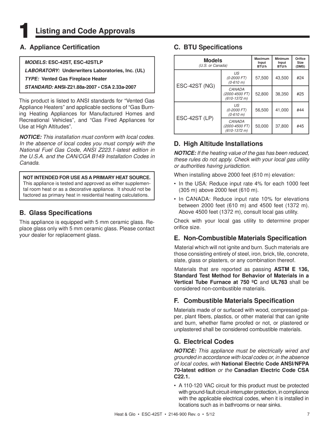 Heat & Glo LifeStyle ESC-42ST owner manual Listing and Code Approvals 