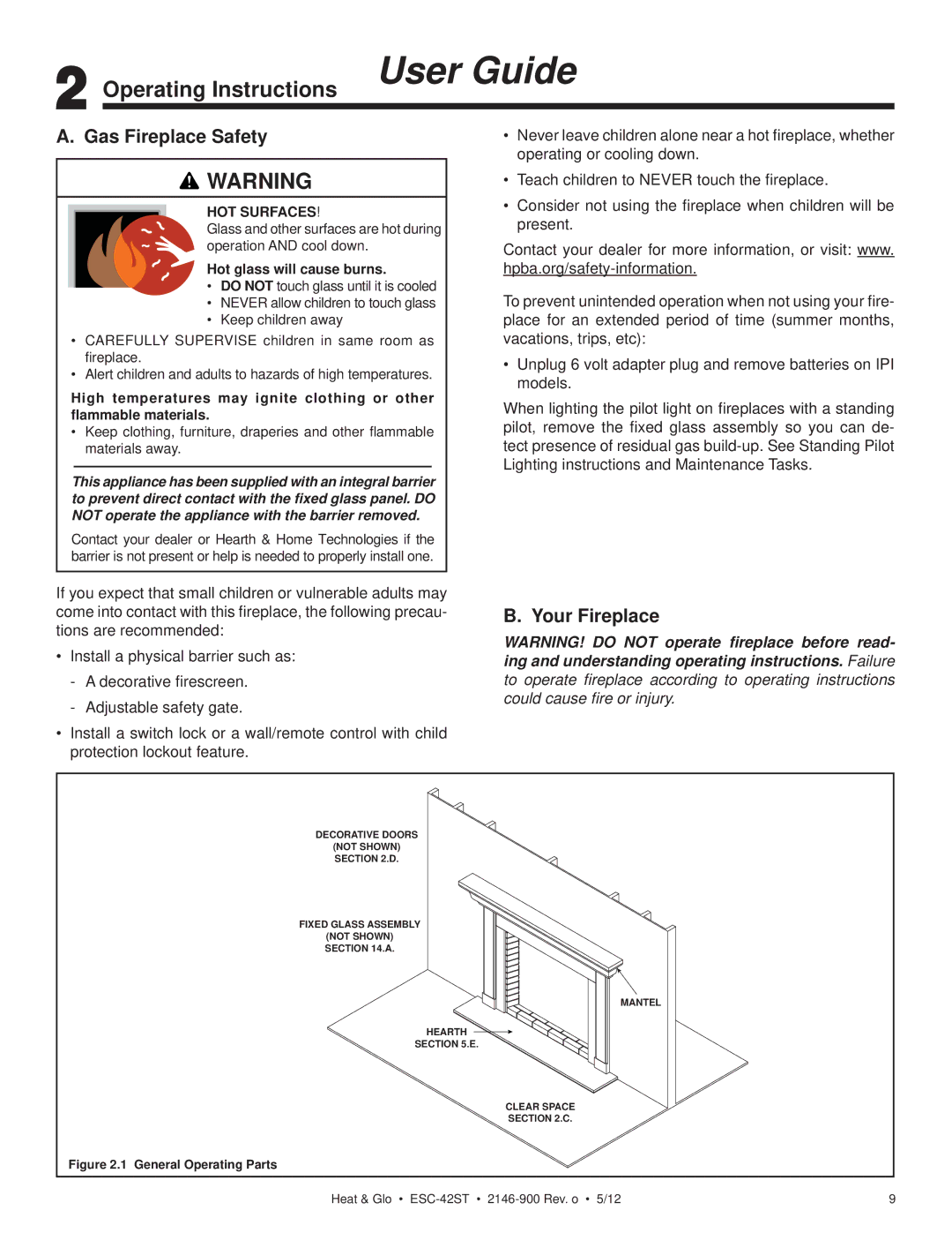 Heat & Glo LifeStyle ESC-42ST owner manual Operating Instructions User Guide, Gas Fireplace Safety, Your Fireplace 