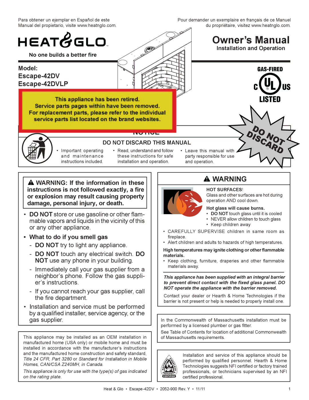 Heat & Glo LifeStyle Escape-42DVLP owner manual Model, What to do if you smell gas 