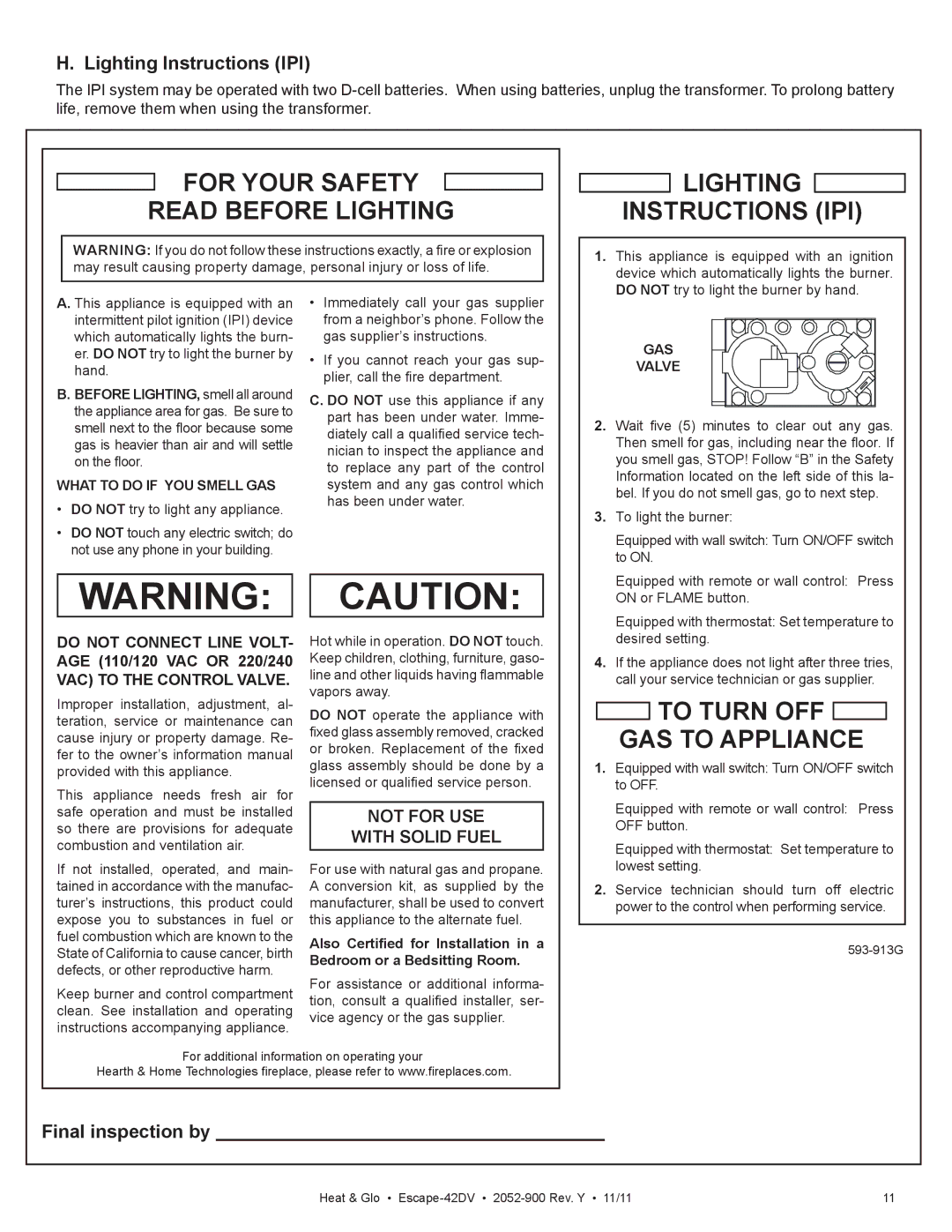 Heat & Glo LifeStyle Escape-42DVLP owner manual Lighting Instructions IPI, Final inspection by 