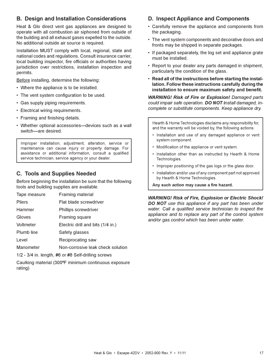 Heat & Glo LifeStyle Escape-42DVLP owner manual Design and Installation Considerations, Tools and Supplies Needed 