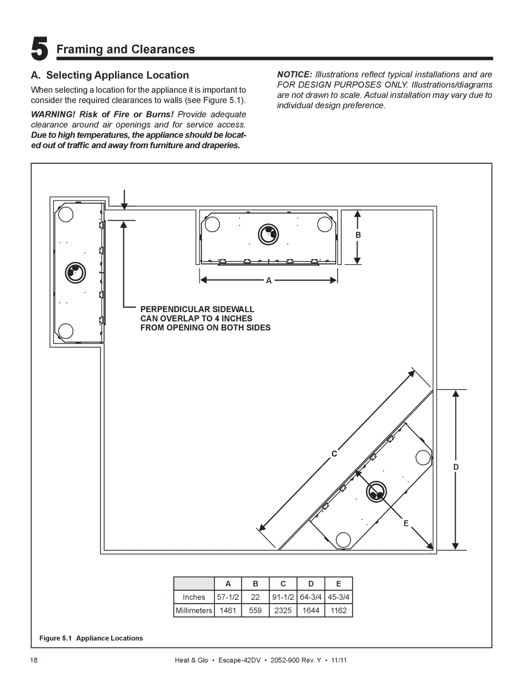 Heat & Glo LifeStyle Escape-42DVLP owner manual Framing and Clearances, Selecting Appliance Location 