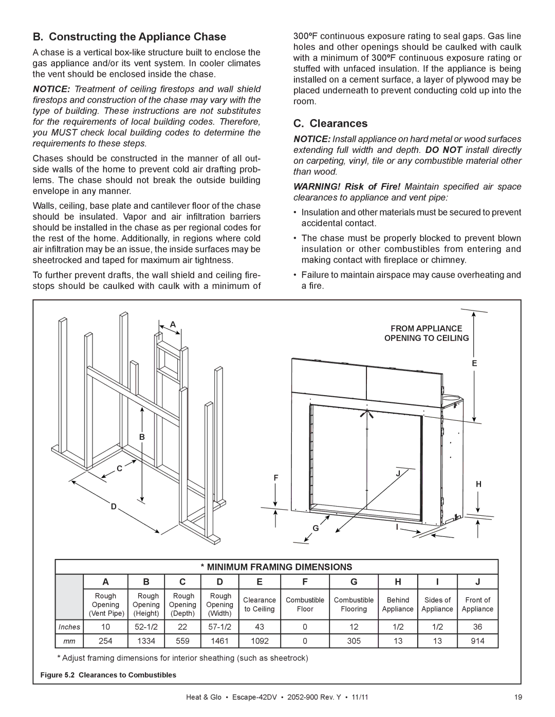 Heat & Glo LifeStyle Escape-42DVLP owner manual Constructing the Appliance Chase, Clearances 