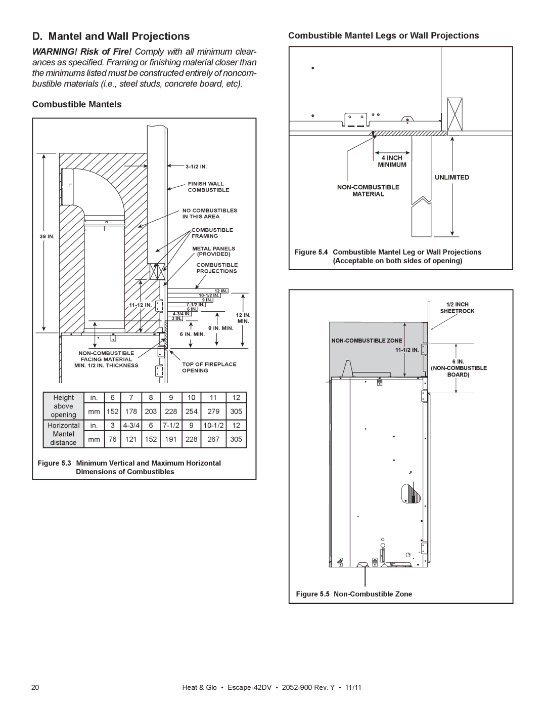 Heat & Glo LifeStyle Escape-42DVLP owner manual Mantel and Wall Projections, Combustible Mantels 