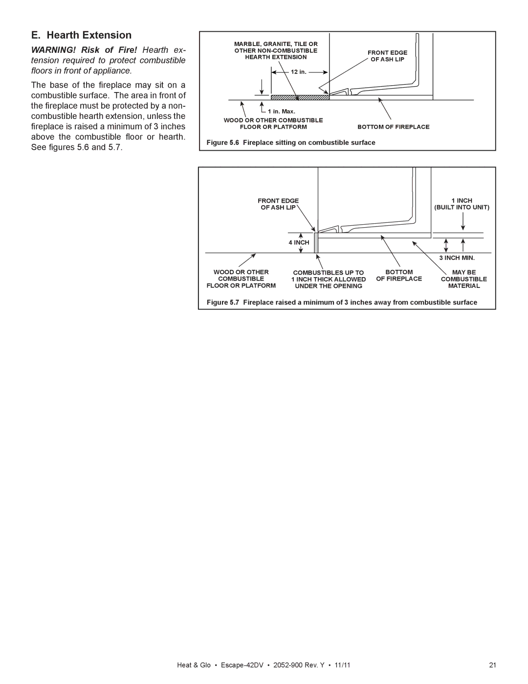 Heat & Glo LifeStyle Escape-42DVLP owner manual Hearth Extension, Fireplace sitting on combustible surface 