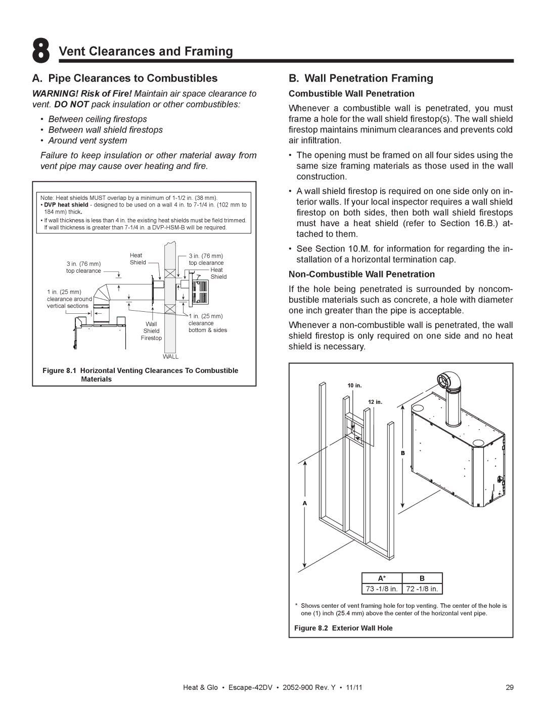 Heat & Glo LifeStyle Escape-42DVLP Vent Clearances and Framing, Pipe Clearances to Combustibles, Wall Penetration Framing 