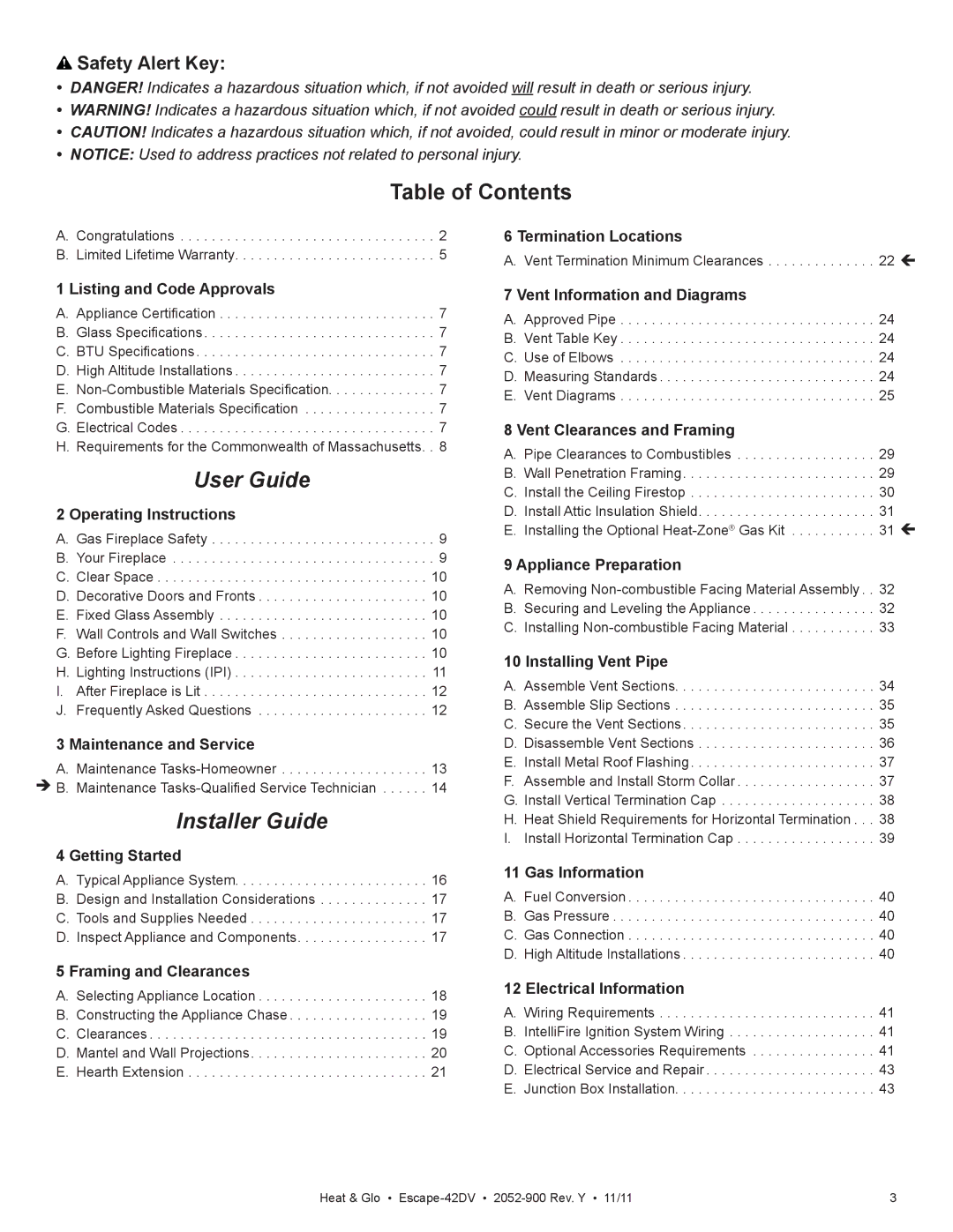 Heat & Glo LifeStyle Escape-42DVLP owner manual Table of Contents, User Guide 