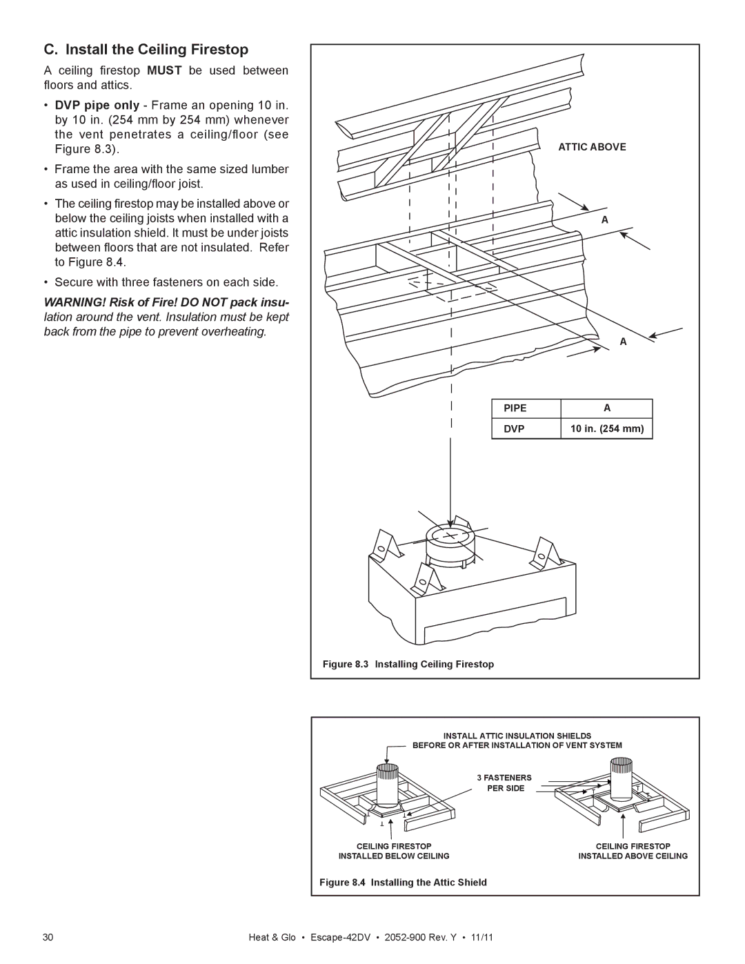 Heat & Glo LifeStyle Escape-42DVLP owner manual Install the Ceiling Firestop, Pipe DVP 