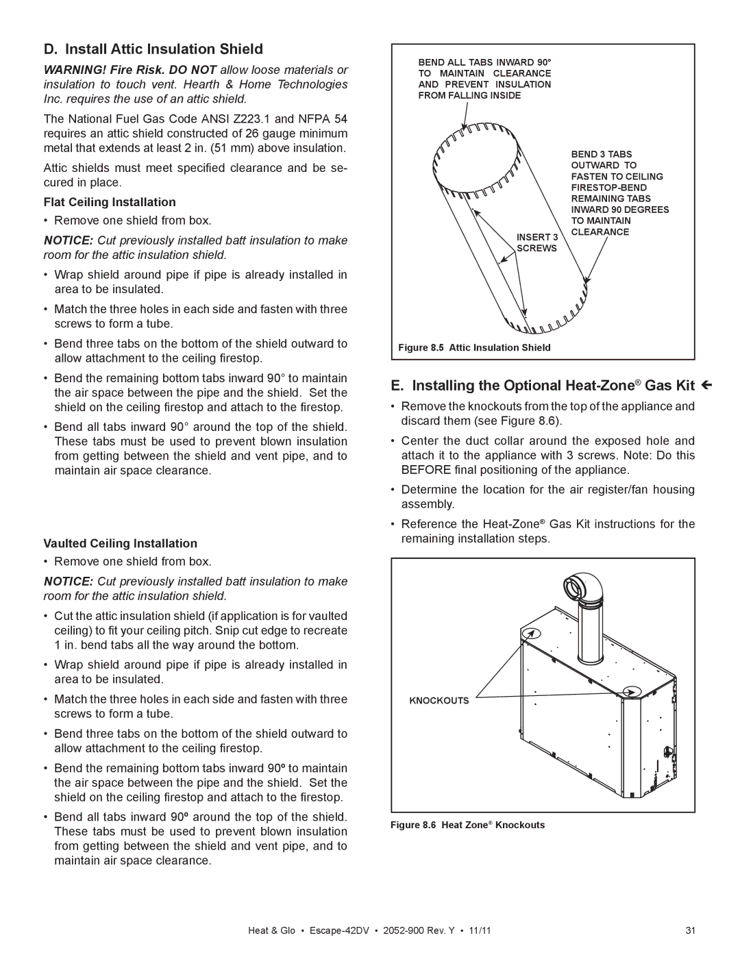 Heat & Glo LifeStyle Escape-42DVLP owner manual Install Attic Insulation Shield, Installing the Optional Heat-ZoneGas Kit  