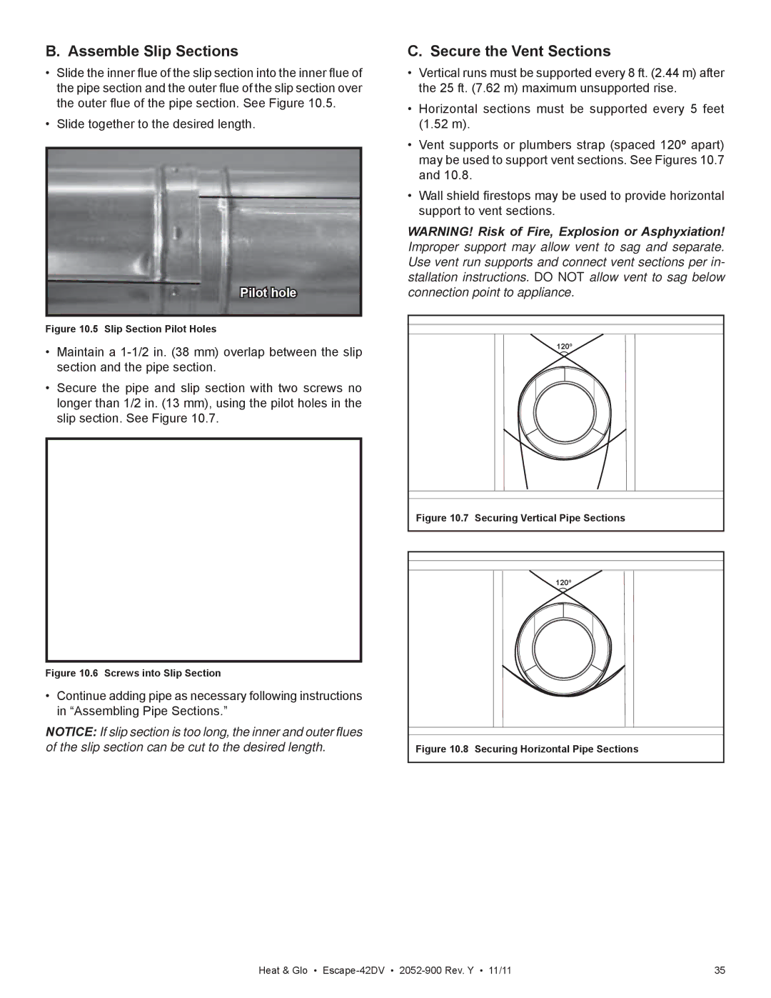 Heat & Glo LifeStyle Escape-42DVLP owner manual Assemble Slip Sections, Secure the Vent Sections 