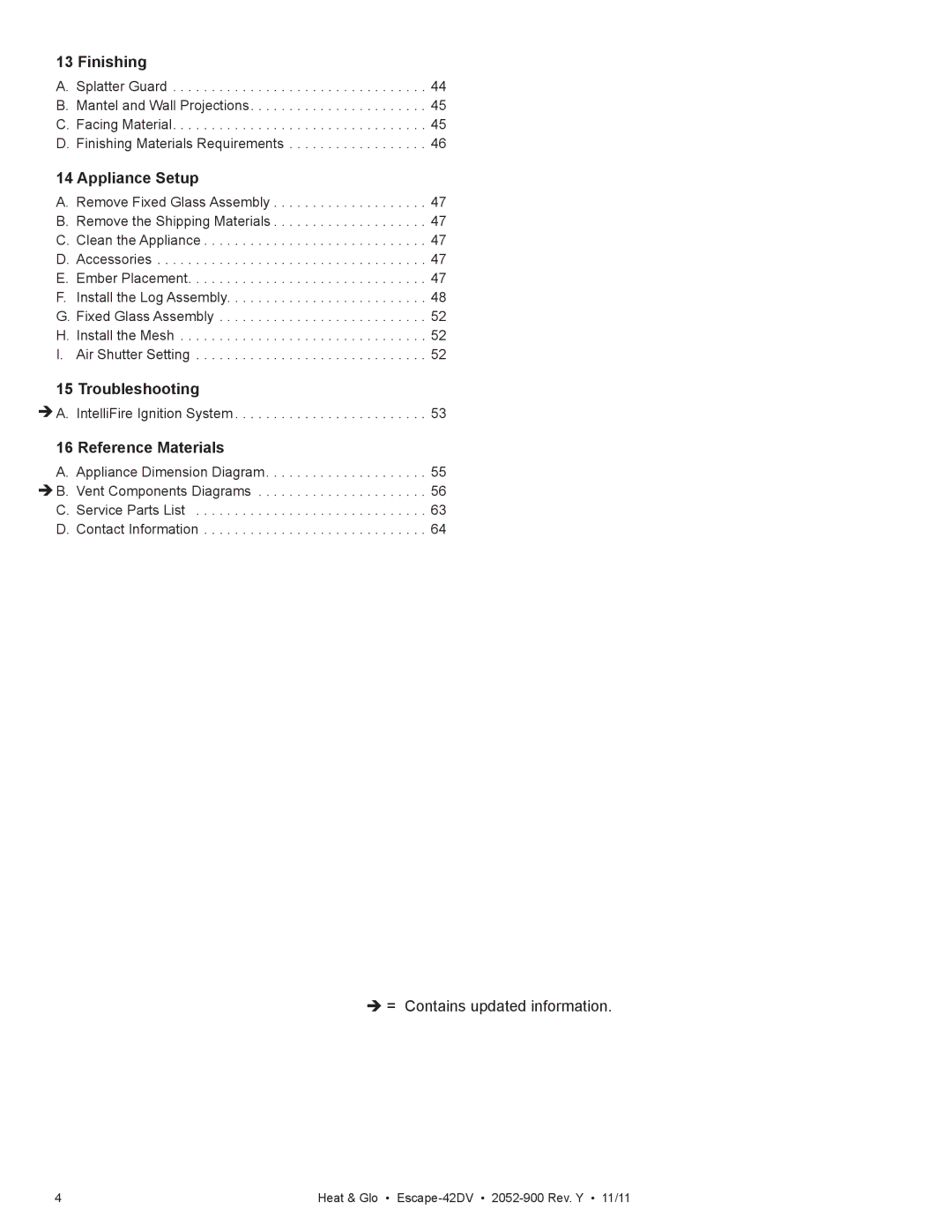 Heat & Glo LifeStyle Escape-42DVLP owner manual Finishing, Appliance Setup, Troubleshooting, Reference Materials 