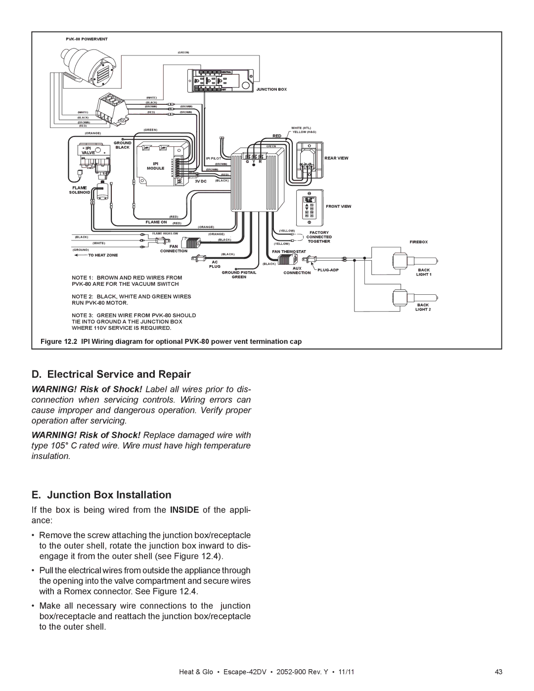 Heat & Glo LifeStyle Escape-42DVLP owner manual Electrical Service and Repair Junction Box Installation 