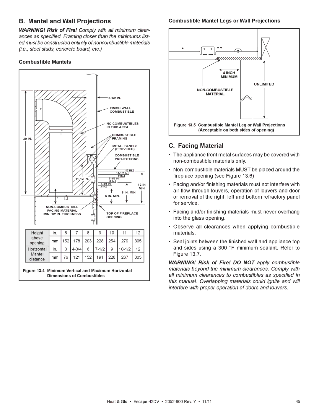 Heat & Glo LifeStyle Escape-42DVLP owner manual Mantel and Wall Projections, Facing Material 