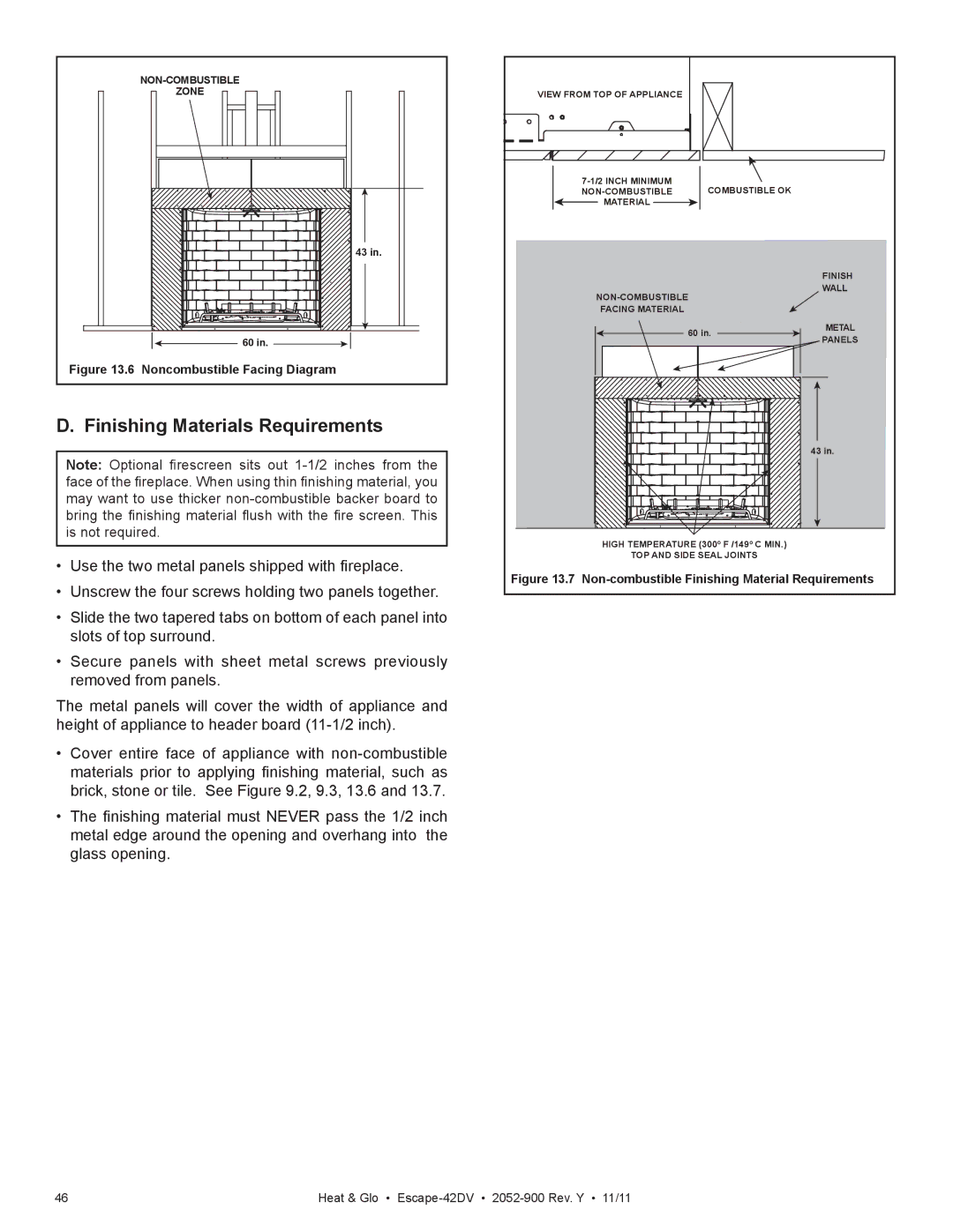 Heat & Glo LifeStyle Escape-42DVLP owner manual Finishing Materials Requirements, Noncombustible Facing Diagram 