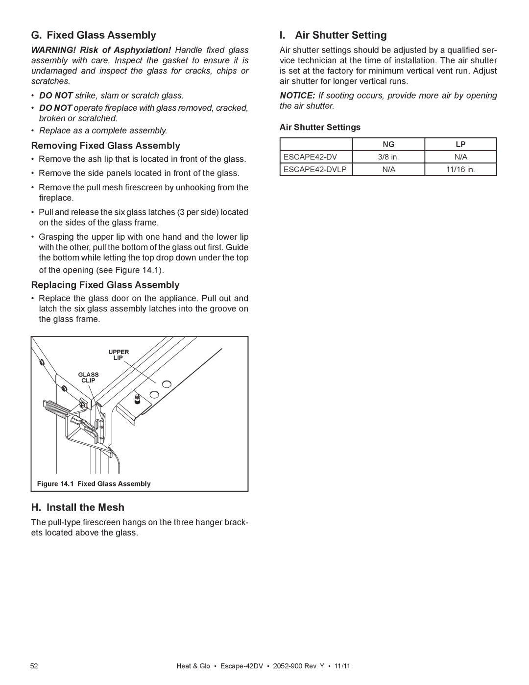 Heat & Glo LifeStyle Escape-42DVLP owner manual Install the Mesh, Air Shutter Settings 