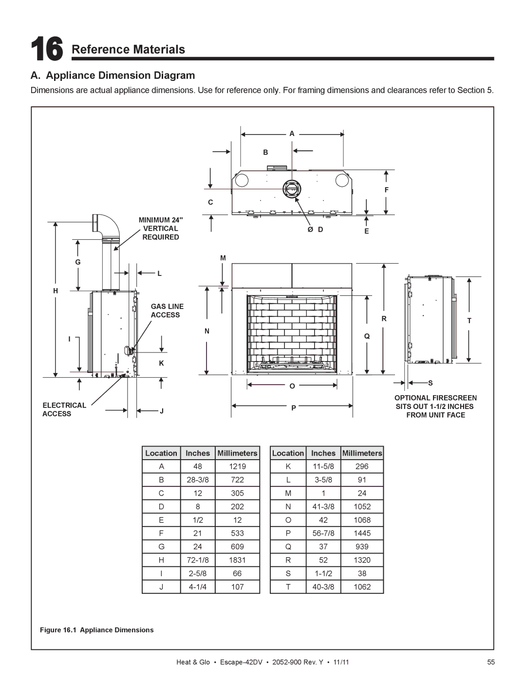 Heat & Glo LifeStyle Escape-42DVLP owner manual Reference Materials, Appliance Dimension Diagram 