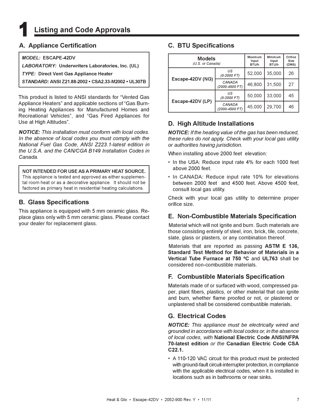 Heat & Glo LifeStyle Escape-42DVLP owner manual Listing and Code Approvals 