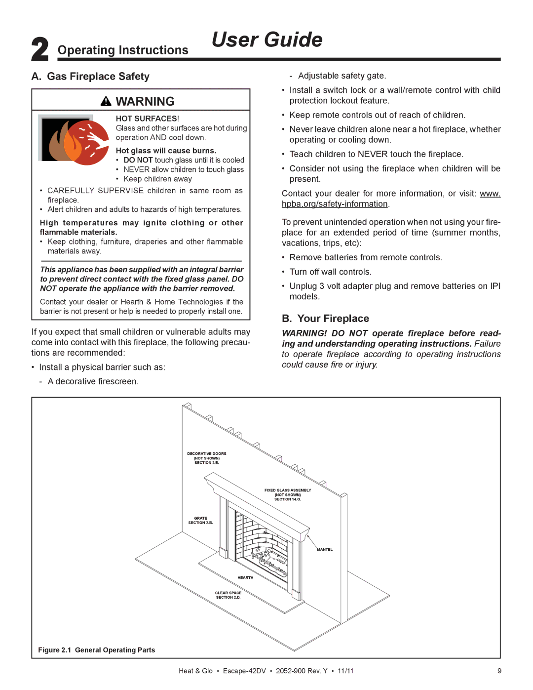 Heat & Glo LifeStyle Escape-42DVLP owner manual Operating Instructions User Guide, Gas Fireplace Safety, Your Fireplace 