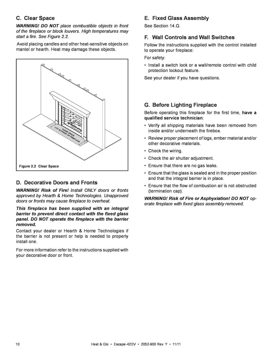 Heat & Glo LifeStyle Escape-42DVLP owner manual C. Clear Space, D. Decorative Doors and Fronts, E. Fixed Glass Assembly 