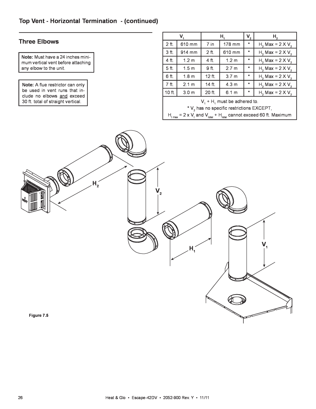 Heat & Glo LifeStyle Escape-42DVLP owner manual Top Vent - Horizontal Termination - continued, Three Elbows, V2 H1 