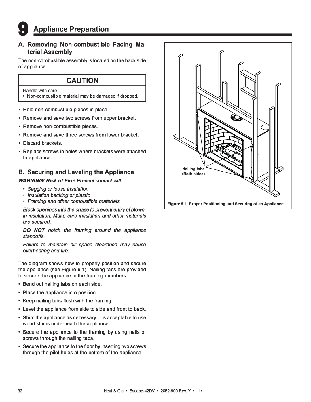 Heat & Glo LifeStyle Escape-42DVLP owner manual Appliance Preparation, B. Securing and Leveling the Appliance 