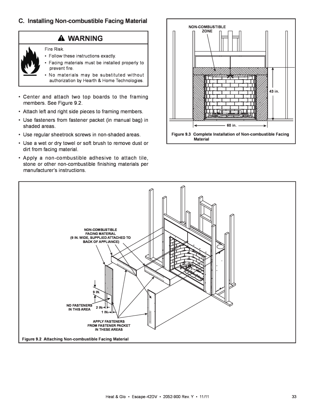 Heat & Glo LifeStyle Escape-42DVLP owner manual C. Installing Non-combustibleFacing Material 