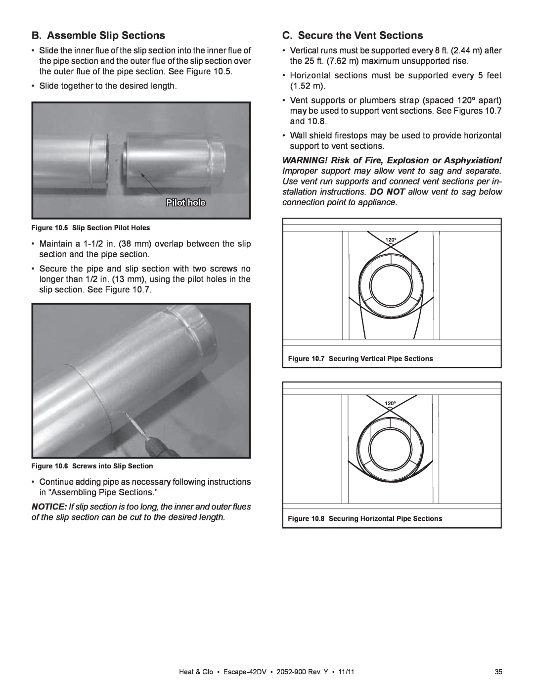 Heat & Glo LifeStyle Escape-42DVLP owner manual B. Assemble Slip Sections, C. Secure the Vent Sections, Pilot hole 