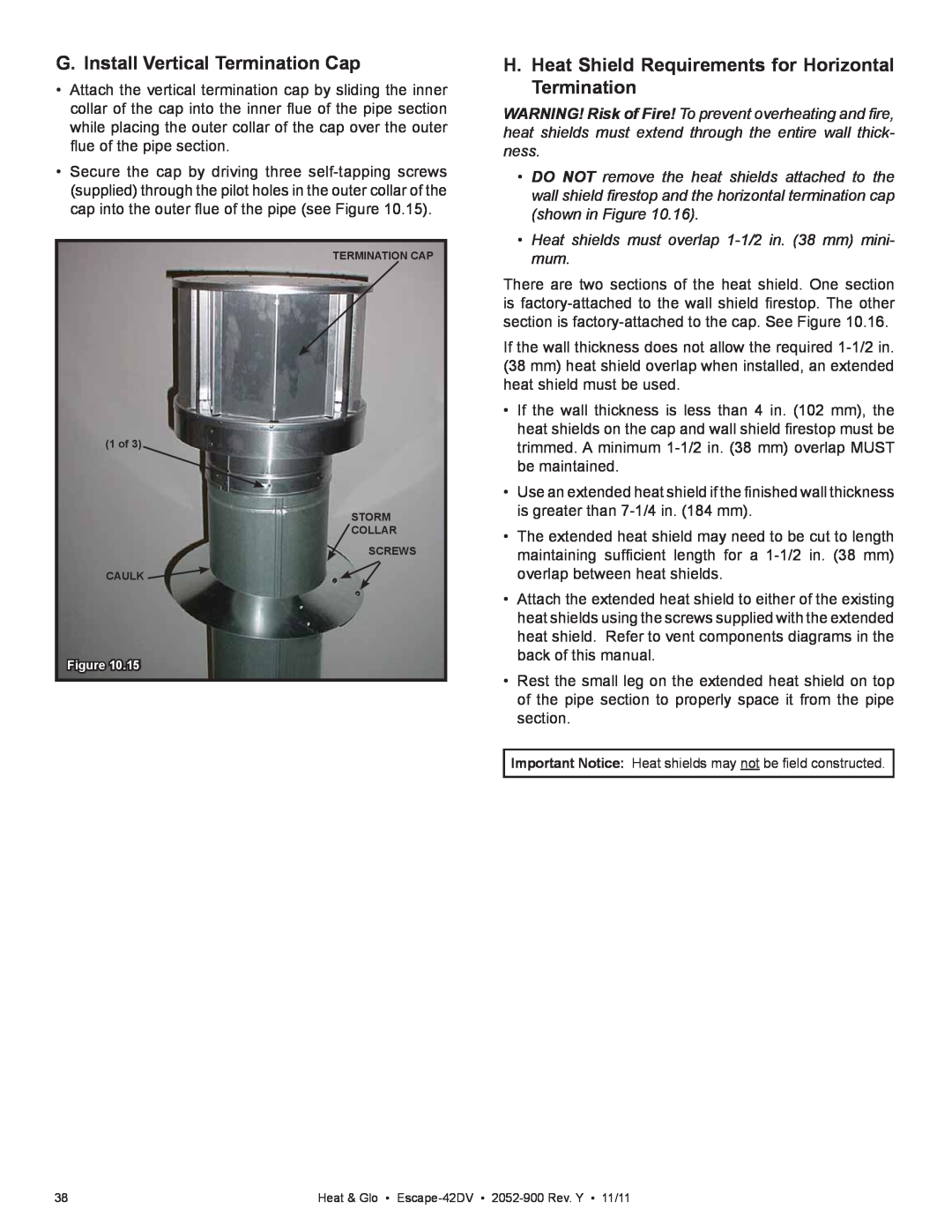 Heat & Glo LifeStyle owner manual G. Install Vertical Termination Cap, Heat & Glo • Escape-42DV• 2052-900Rev. Y • 11/11 