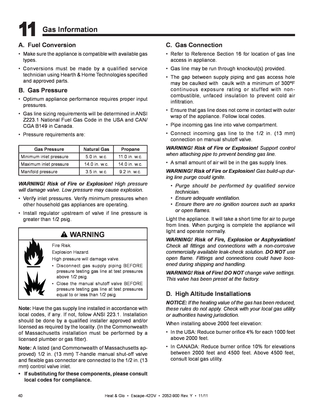 Heat & Glo LifeStyle Escape-42DVLP owner manual Gas Information, A. Fuel Conversion, B. Gas Pressure, C. Gas Connection 