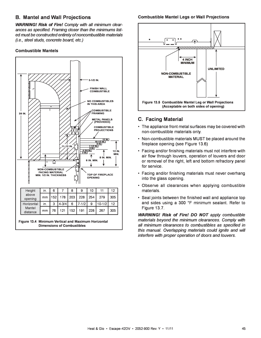 Heat & Glo LifeStyle Escape-42DVLP owner manual B. Mantel and Wall Projections, C. Facing Material, Combustible Mantels 