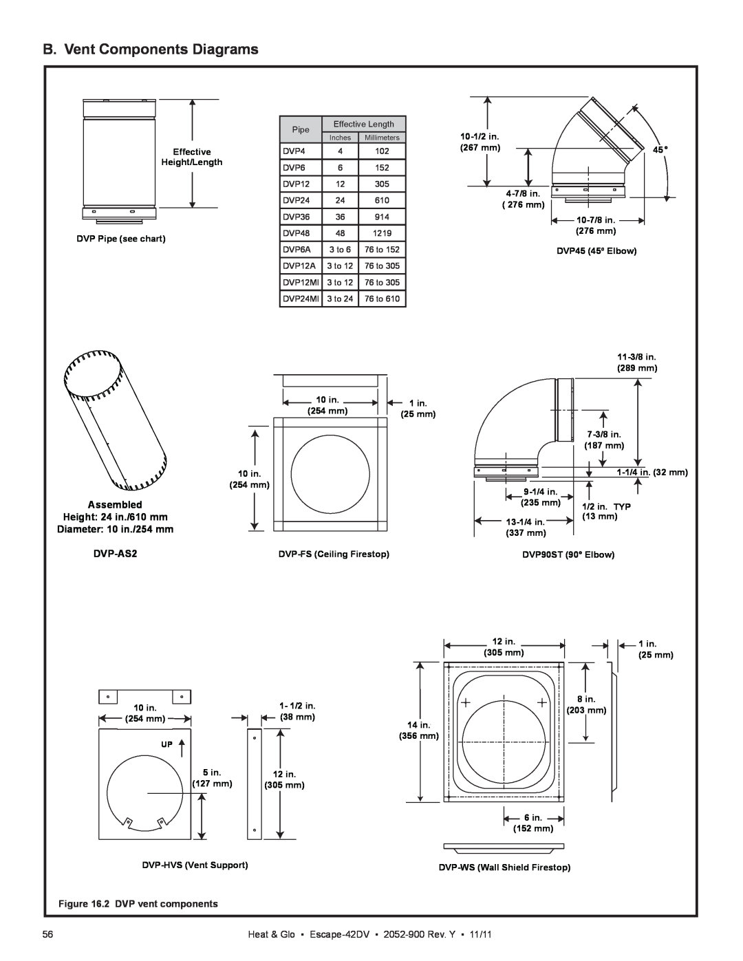 Heat & Glo LifeStyle Escape-42DVLP owner manual B. Vent Components Diagrams, Height: 24 in./610 mm, DVP-AS2, Assembled 