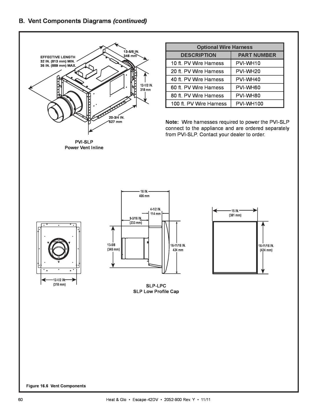 Heat & Glo LifeStyle Escape-42DV B. Vent Components Diagrams continued, Optional Wire Harness, Description, Part Number 