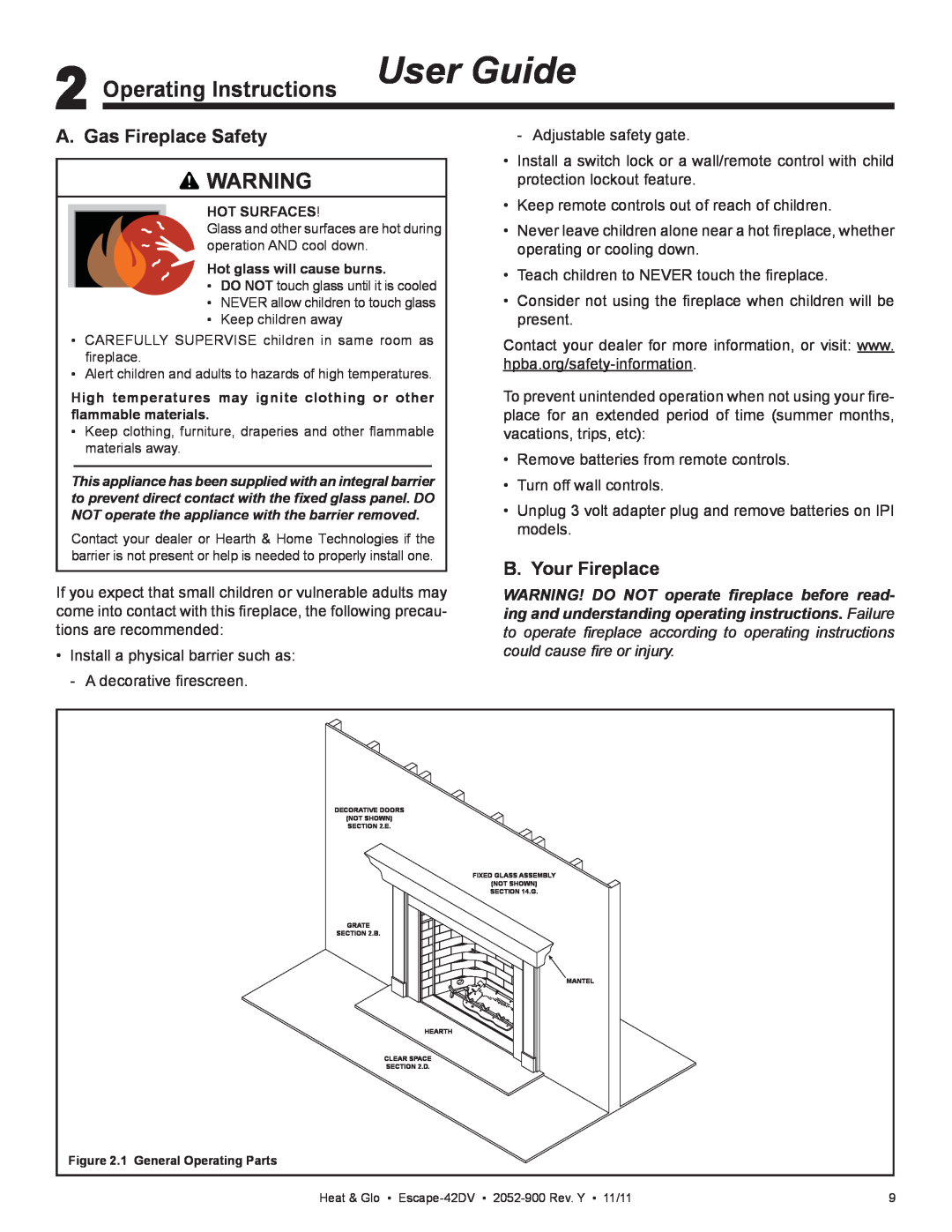 Heat & Glo LifeStyle Escape-42DVLP Operating Instructions User Guide, A. Gas Fireplace Safety, B. Your Fireplace 