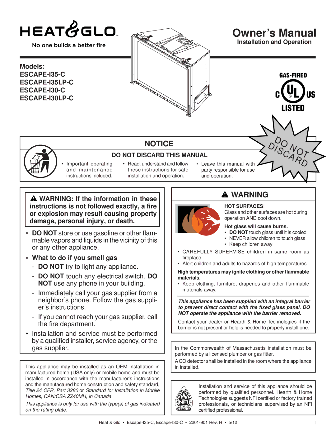 Heat & Glo LifeStyle ESCAPE-I35-C owner manual What to do if you smell gas, Do not Discard this Manual 