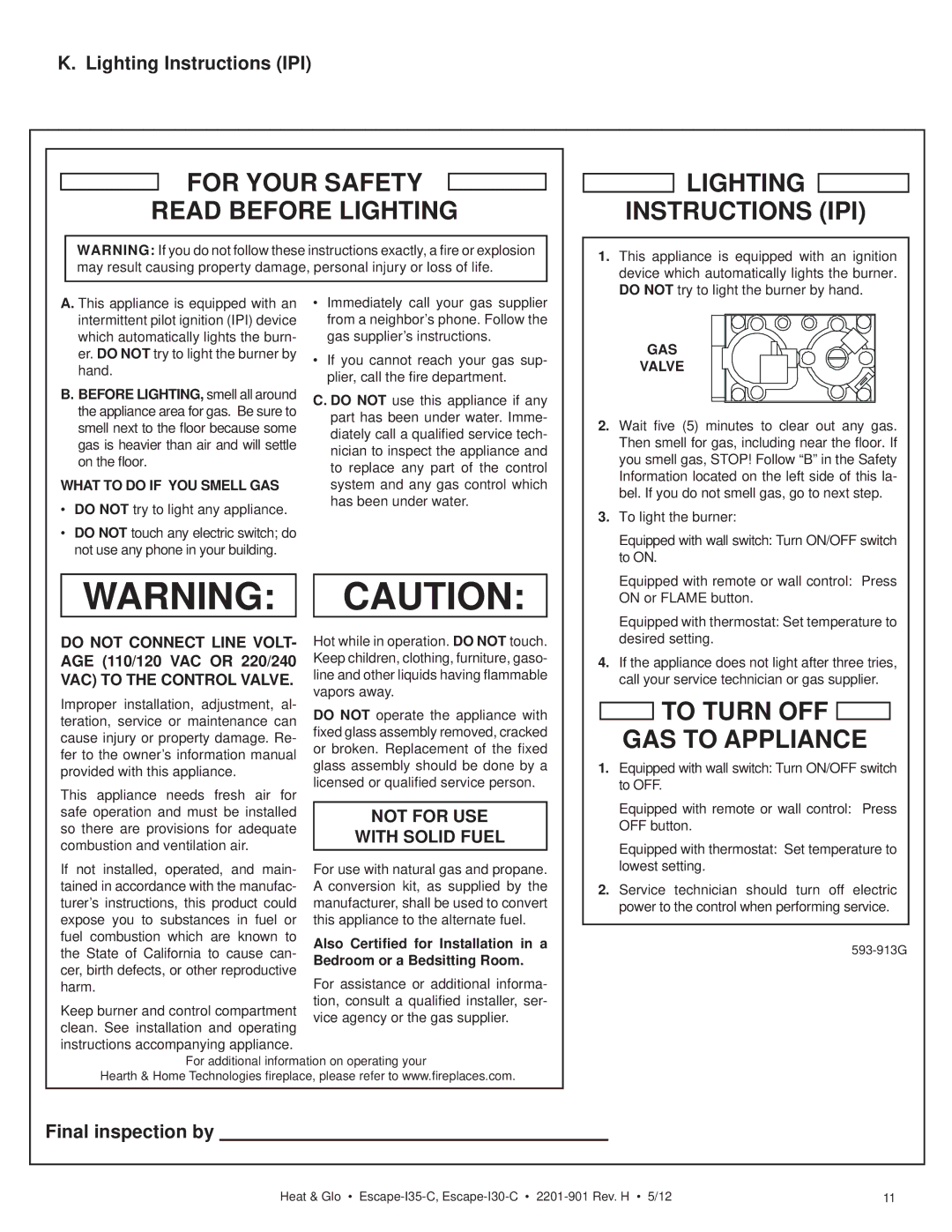 Heat & Glo LifeStyle ESCAPE-I35-C owner manual Lighting Instructions IPI, Final inspection by 