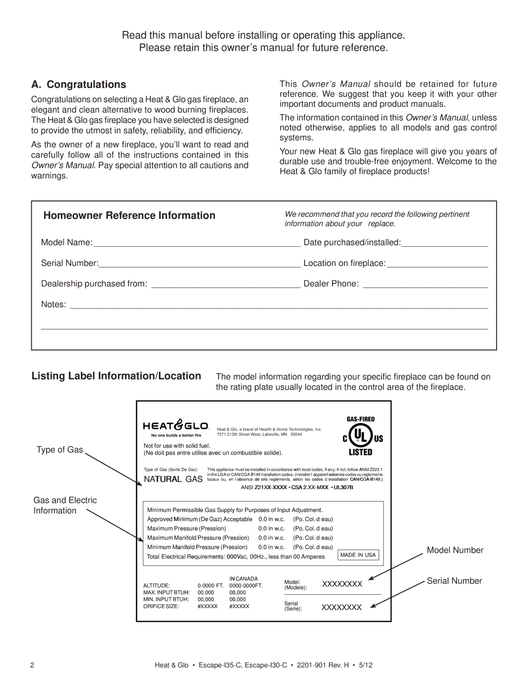 Heat & Glo LifeStyle ESCAPE-I35-C owner manual Congratulations, Homeowner Reference Information 