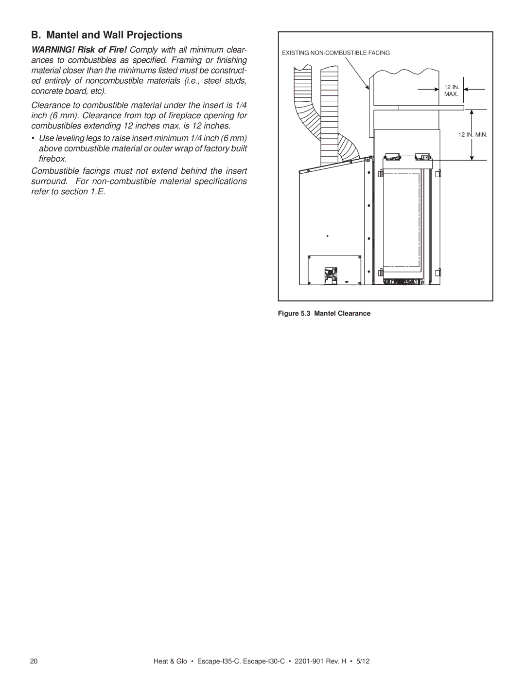 Heat & Glo LifeStyle ESCAPE-I35-C owner manual Mantel and Wall Projections, Mantel Clearance 