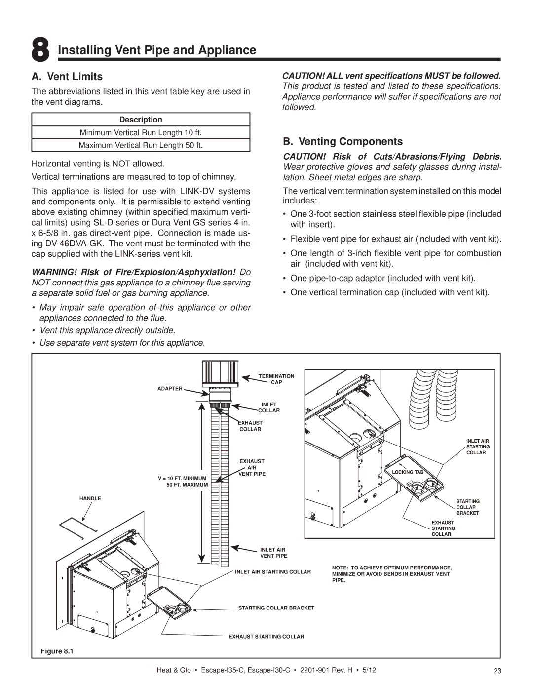 Heat & Glo LifeStyle ESCAPE-I35-C owner manual Installing Vent Pipe and Appliance, Vent Limits, Venting Components 