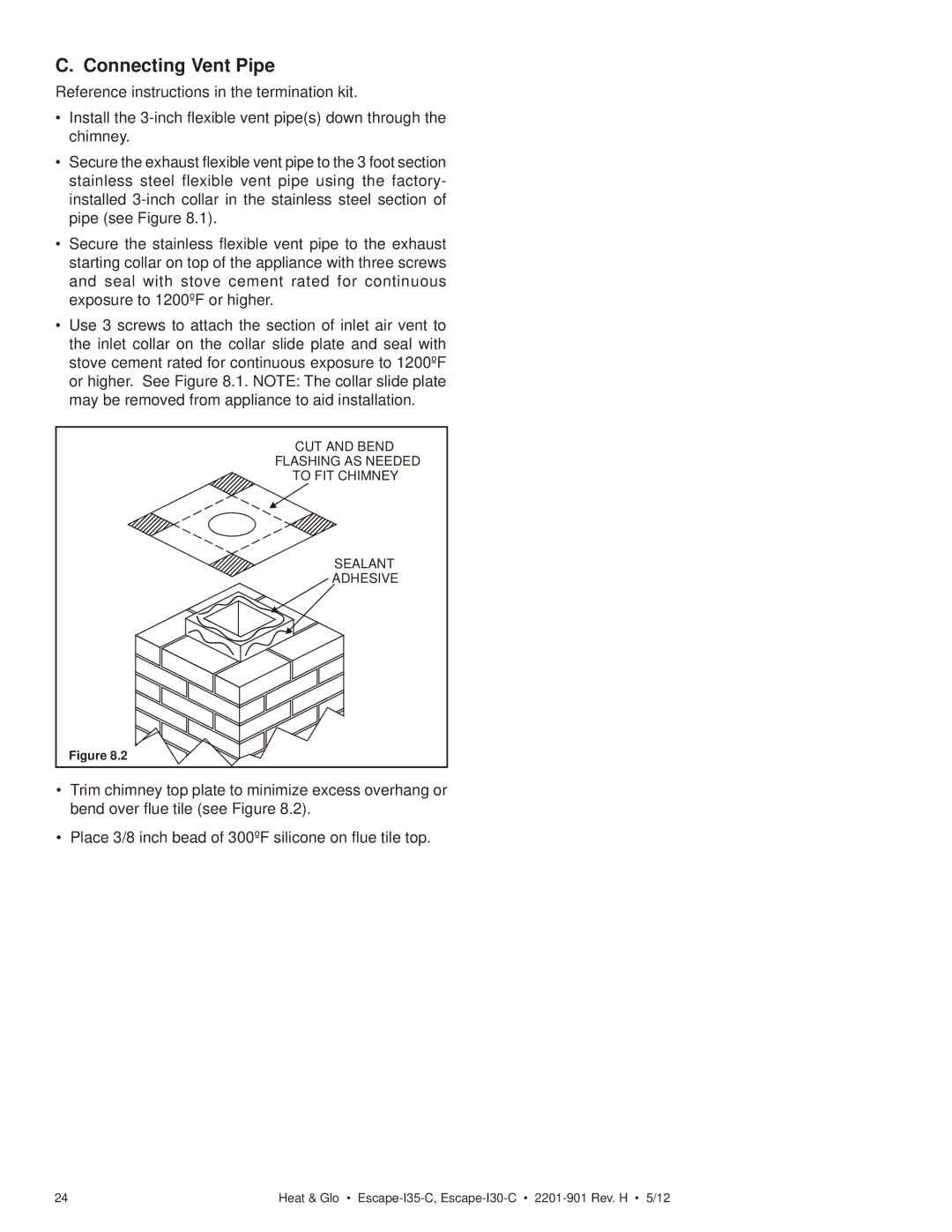 Heat & Glo LifeStyle ESCAPE-I35-C owner manual Connecting Vent Pipe 