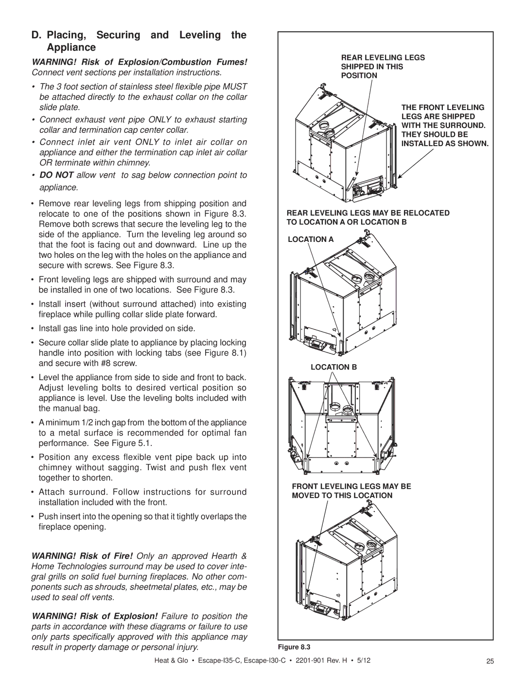 Heat & Glo LifeStyle ESCAPE-I35-C owner manual Placing, Securing and Leveling the Appliance 