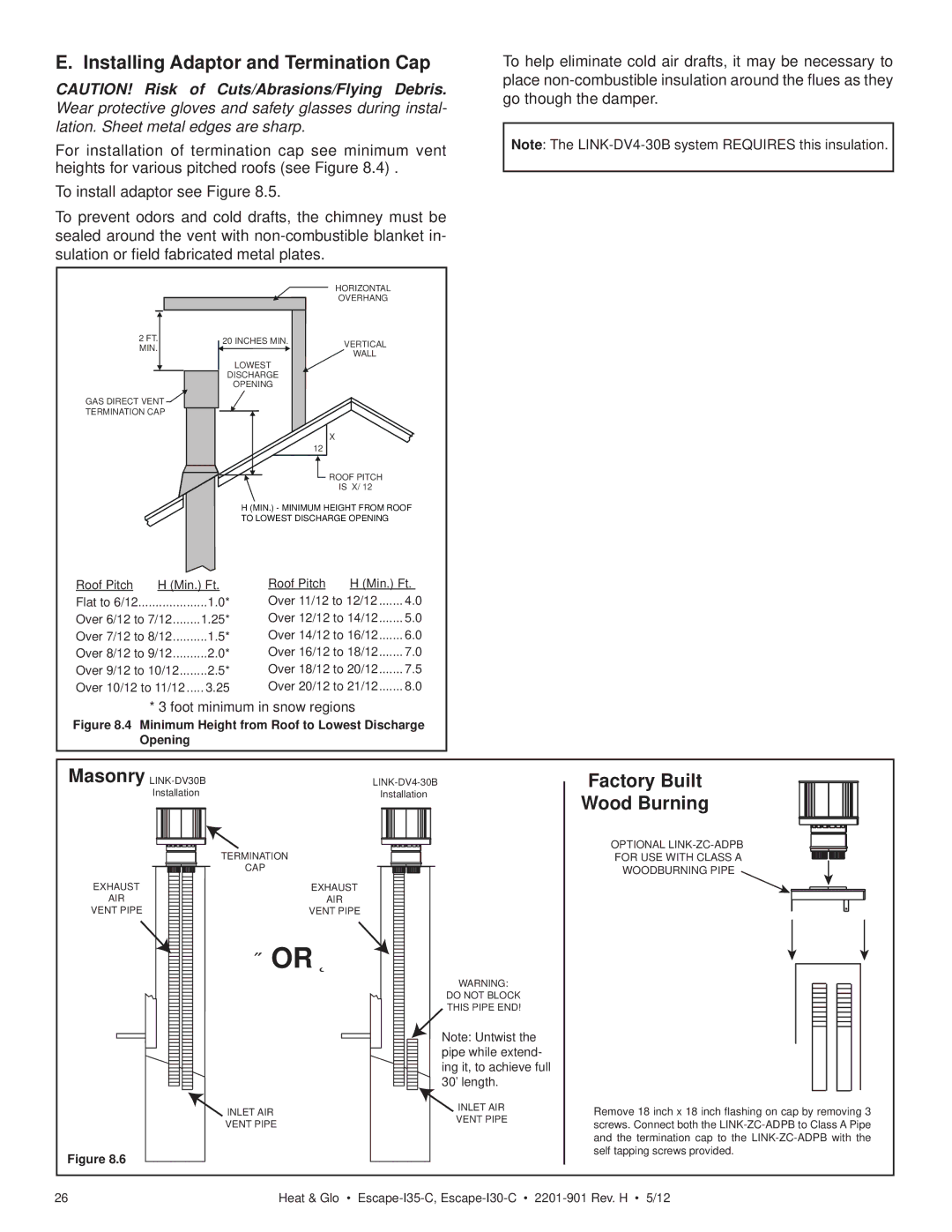 Heat & Glo LifeStyle ESCAPE-I35-C owner manual Installing Adaptor and Termination Cap, Factory Built 