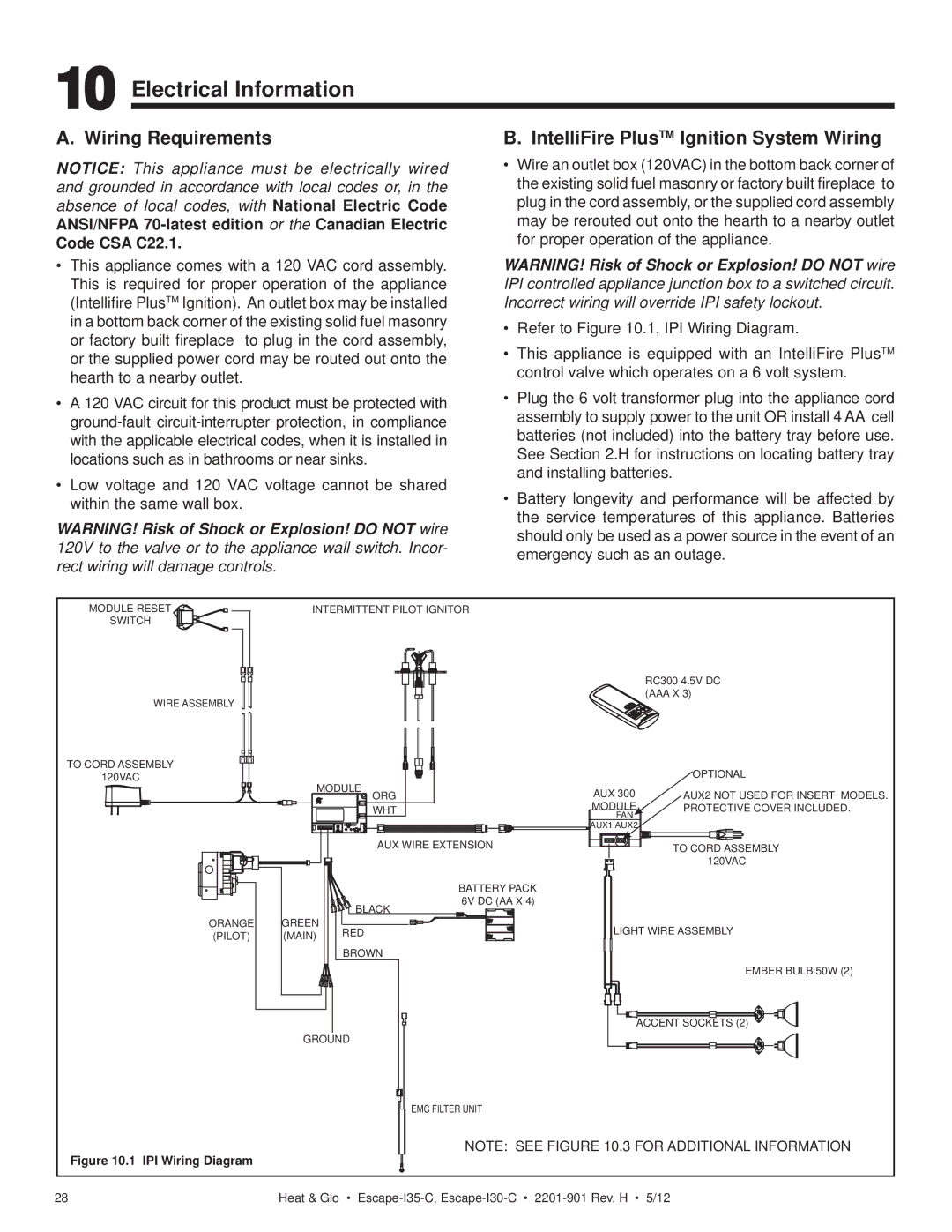 Heat & Glo LifeStyle ESCAPE-I35-C Electrical Information, Wiring Requirements, IntelliFire PlusTM Ignition System Wiring 