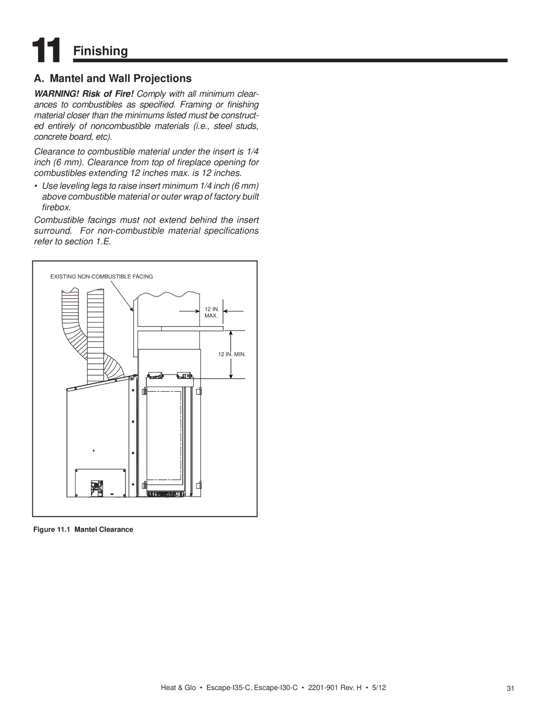 Heat & Glo LifeStyle ESCAPE-I35-C owner manual Finishing, Mantel and Wall Projections 