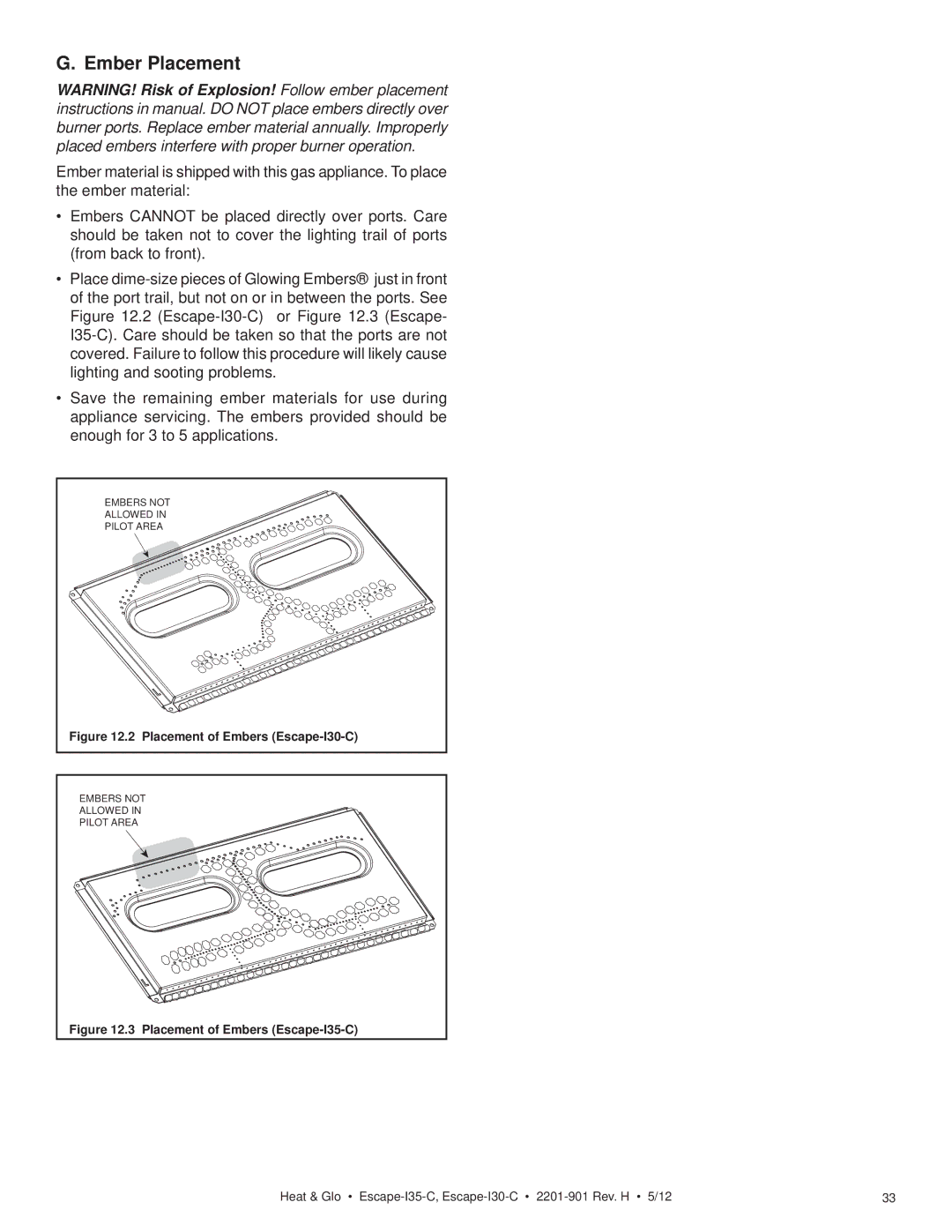 Heat & Glo LifeStyle ESCAPE-I35-C owner manual Ember Placement, Placement of Embers Escape-I30-C 